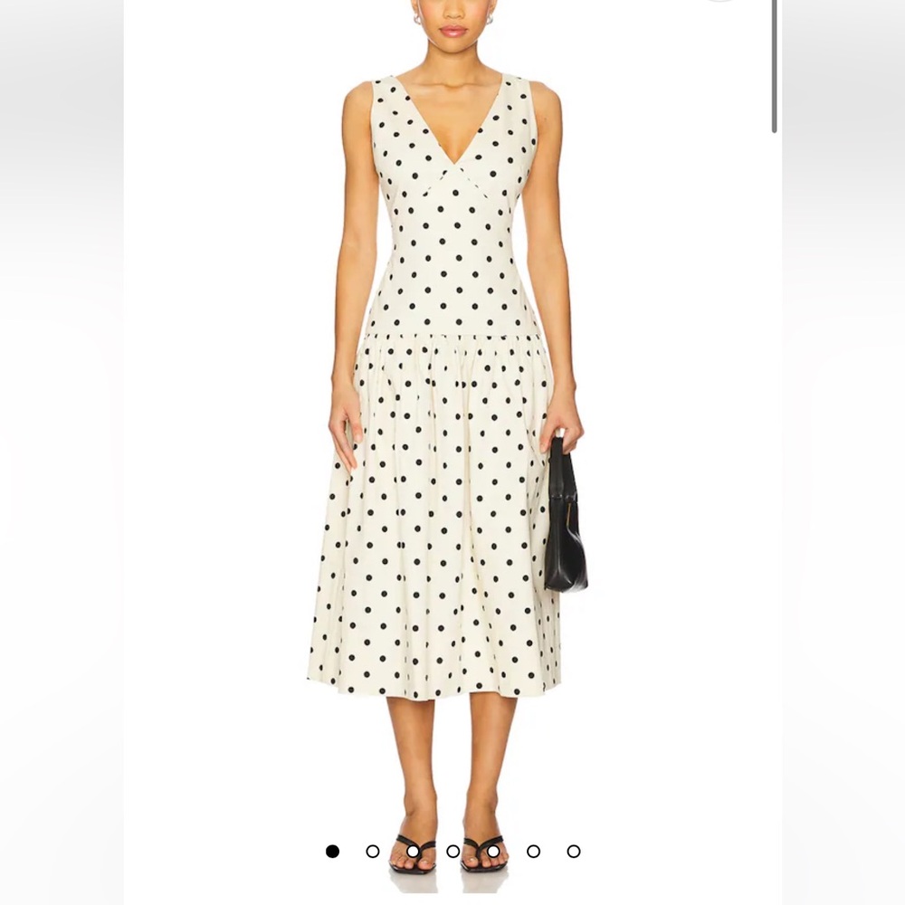 L'Academie Black Polka Dot on Cream V‑Neck Midi Dress